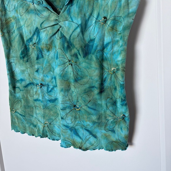 Y2K 2000s Floral Ruffle V-Neck Crop Tank Top – Turquoise Tie-dye – 90s RomCom - Picture 6 of 9